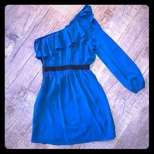Gianni Bini Belinda One Shoulder Mini Dress XS Cobalt Blue Ruffle Balloon Sleeve